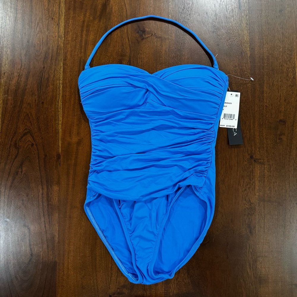 New! La Blanca Island Goddess Ruched Bandeau Halter One Piece Swimsuit Size 4